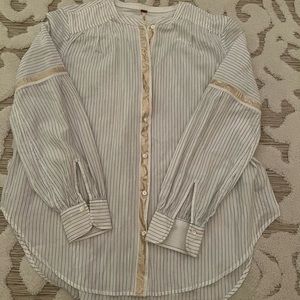 Free People White Blue Pin Strips Blouse